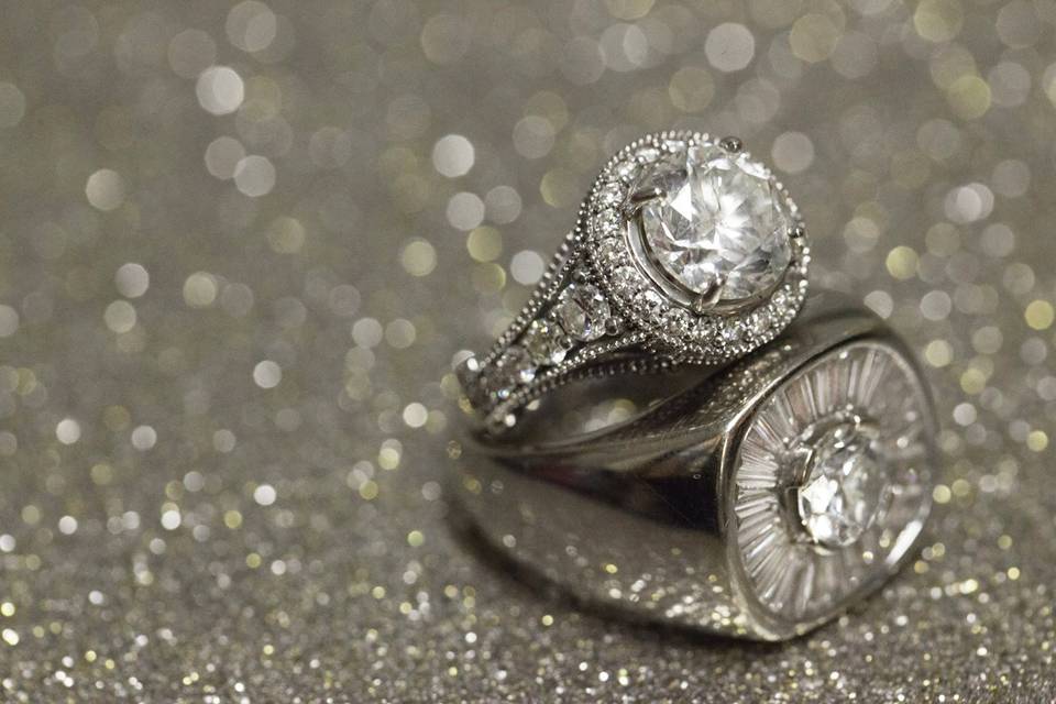 Bridget's milgrain halo engagement ring (designer: Christopher Designs) Love that her husband Habib got some bling too!