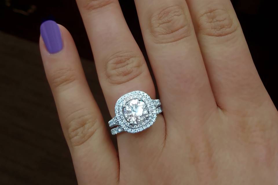 Dayna's double cushion halo engagement ring (designer: Jeff Cooper) and matching wedding band.