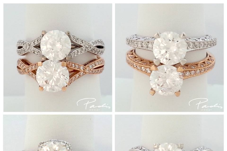 Comparing Tacori engagement rings in white gold and rose gold.