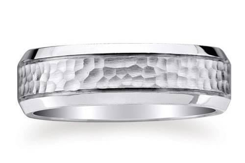 7mm wide 14K solid white Gold comfort-fit design wedding ring with hammered surface and beveled polished sides.