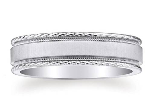 6mm wide 14K solid white Gold comfort-fit design wedding ring with inset milgrain and brushed center.
