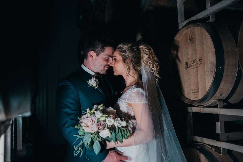 Bride and groom in brewery
