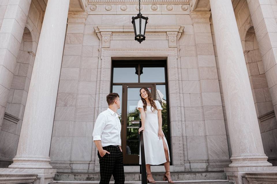 Engaged couple outside Library