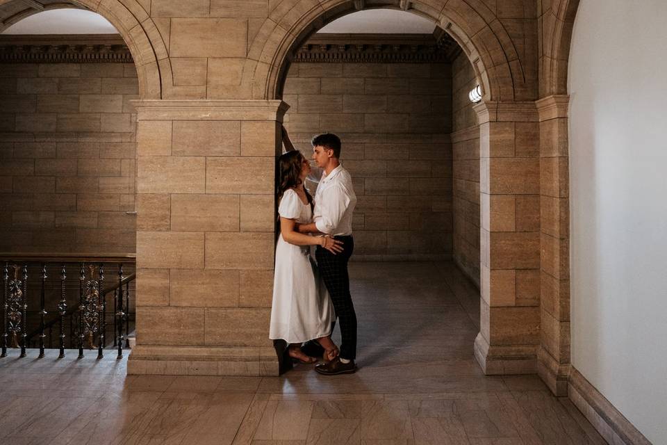 Engaged couple inside libary