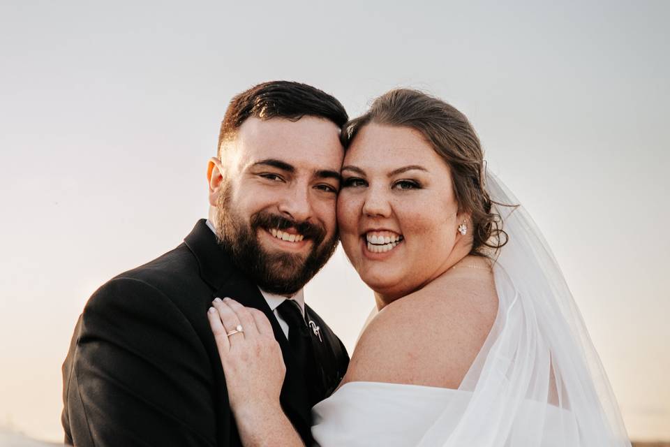 Bride and groom at sunset