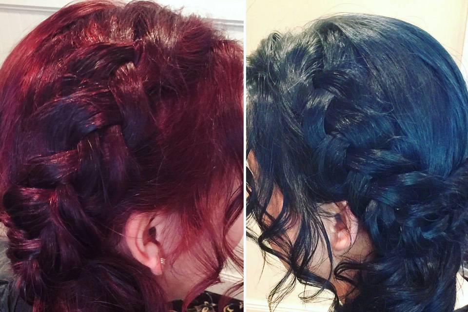 #bridesmaidhair blue and red hair. #Frenchbraidstyle #sideponywithbraid #sidedowithbraid #kenraprofessional #lisaleming #ocbridalhairmu