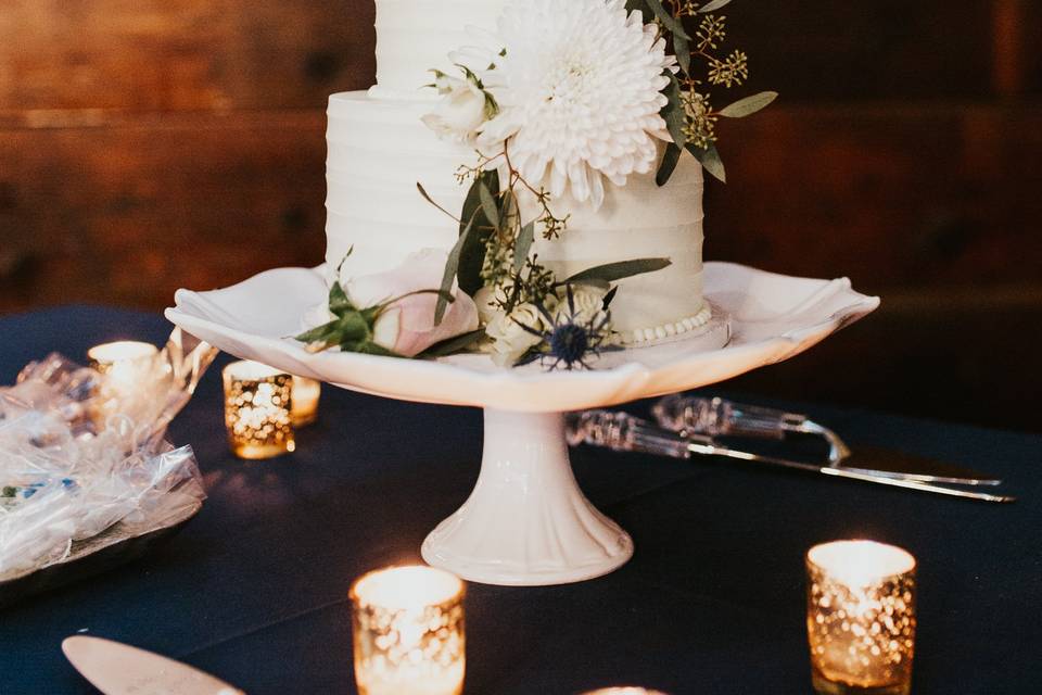 Cake against wood wall