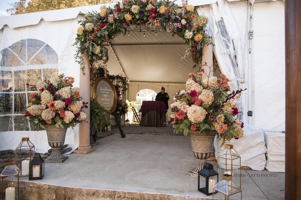 Hydrangea entrance urns/arch