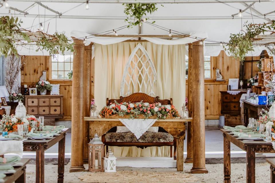 Suspended florals in tent