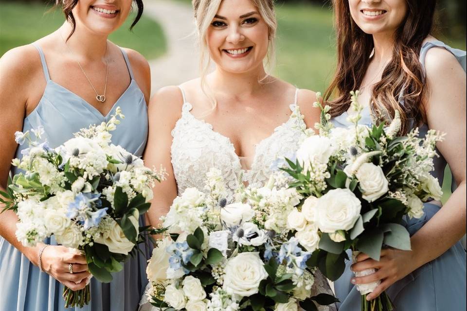 Blue and white bouquets