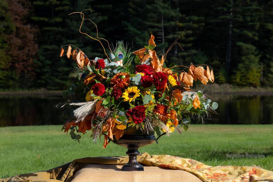 Autumn floral in bronze urn