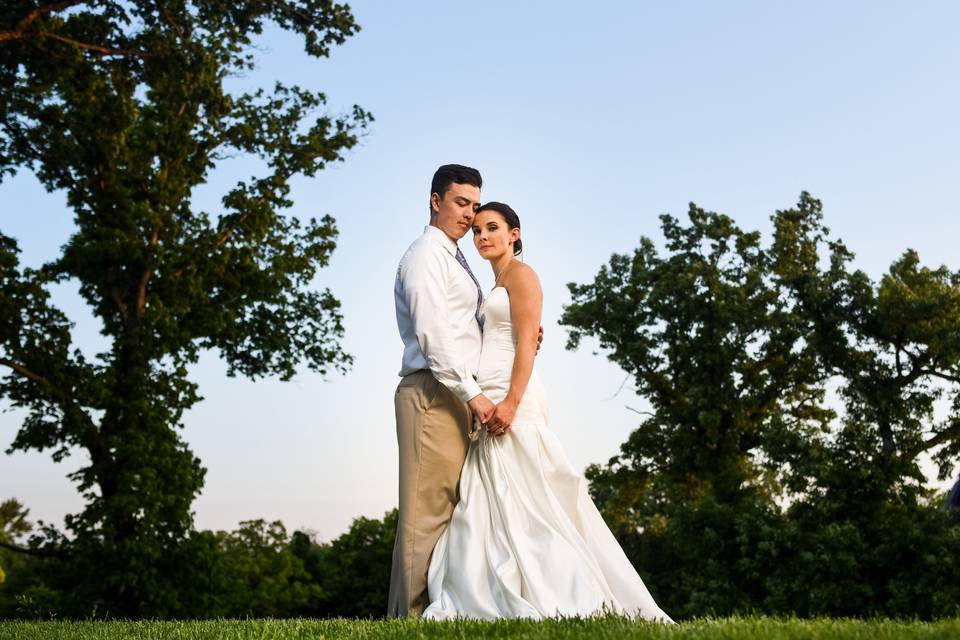 Bride and groom at sunset