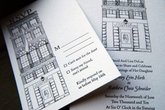 A beautiful illustration and unique shape furnishes this invite with a classiness that fully represents a New York City wedding.