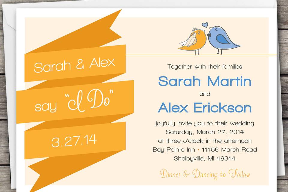 Love Birds Banner wedding invitation design. Downloadable set includes the invitation, RSVP card, and an information card.  Colors are customizable.
www.etsy.com/shop/TwoDucksDesignStudio