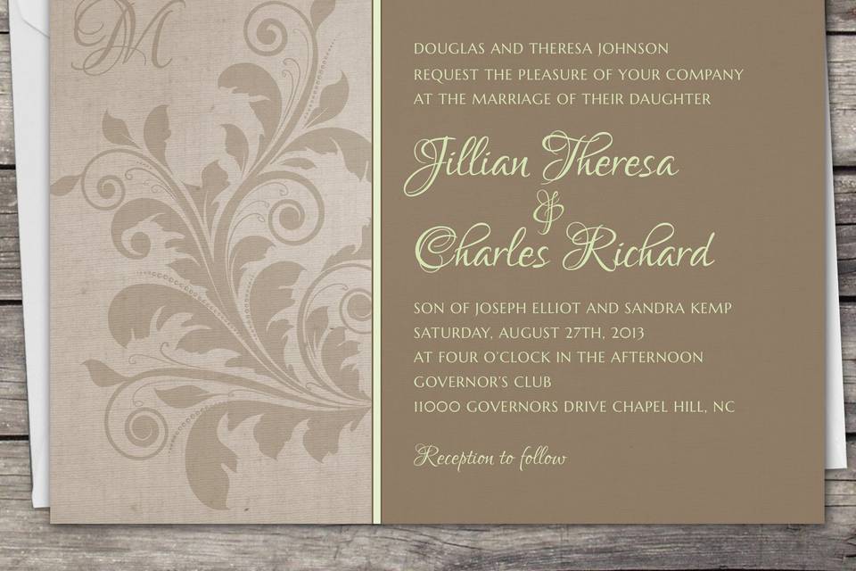 Floral Vintage wedding invitation design. Downloadable set includes the invitation, RSVP card, and an information card.  Colors are customizable.
www.etsy.com/shop/TwoDucksDesignStudio