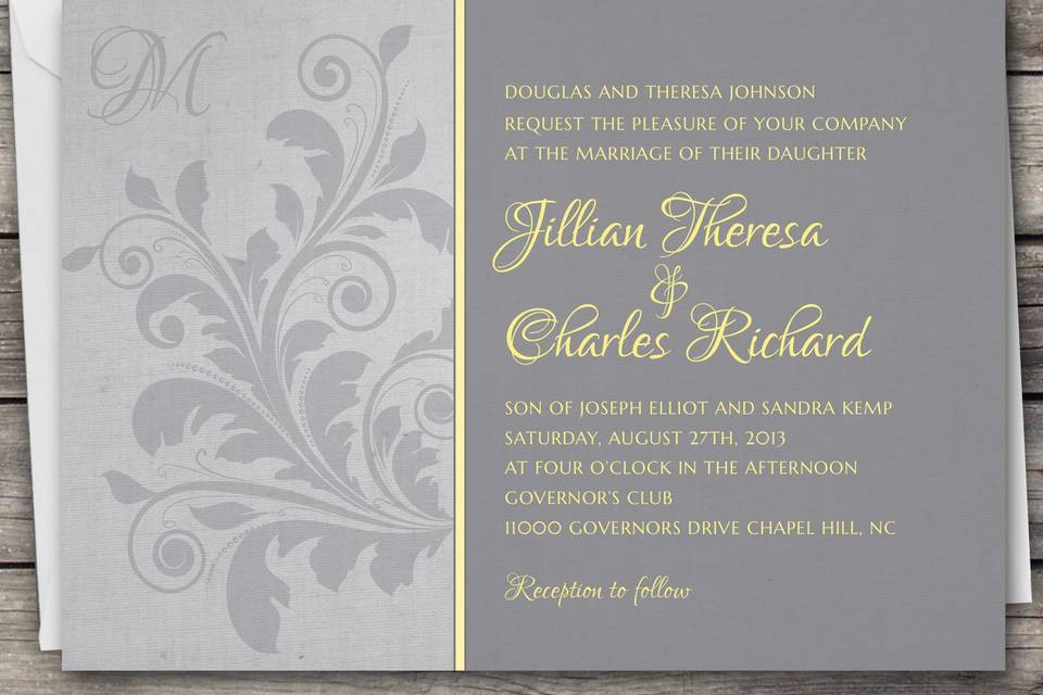 Vintage Floral wedding invitation design. Downloadable set includes the invitation, RSVP card, and an information card.  Colors are customizable.
www.etsy.com/shop/TwoDucksDesignStudio