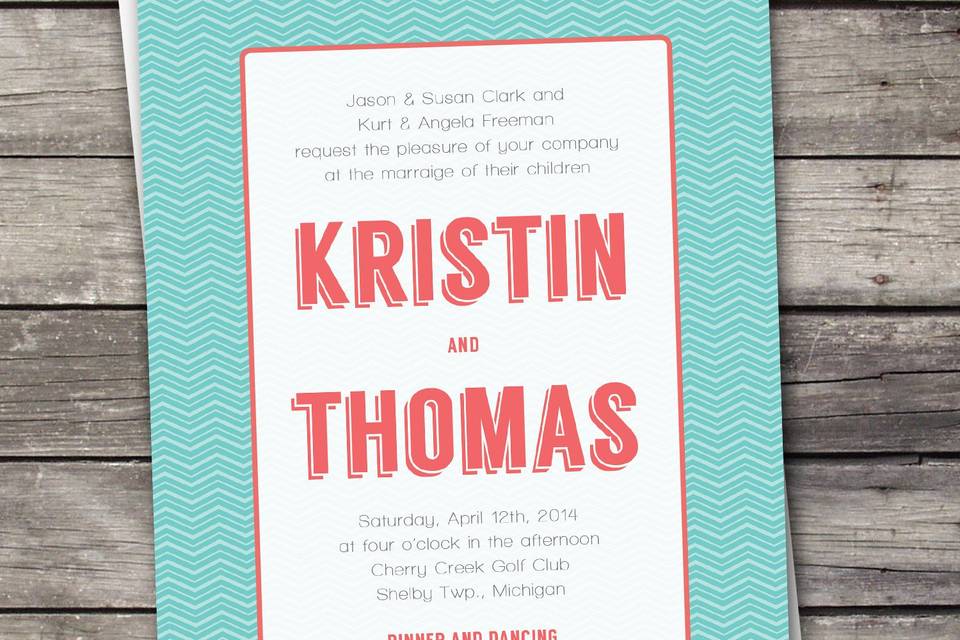 Chevron wedding invitation design. Downloadable set includes the invitation, RSVP card, and an information card.  Colors are customizable.
www.etsy.com/shop/TwoDucksDesignStudio