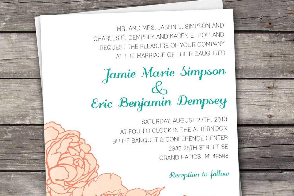Peonies wedding invitation design. Downloadable set includes the invitation, RSVP card, and an information card.  Colors are customizable.
www.etsy.com/shop/TwoDucksDesignStudio