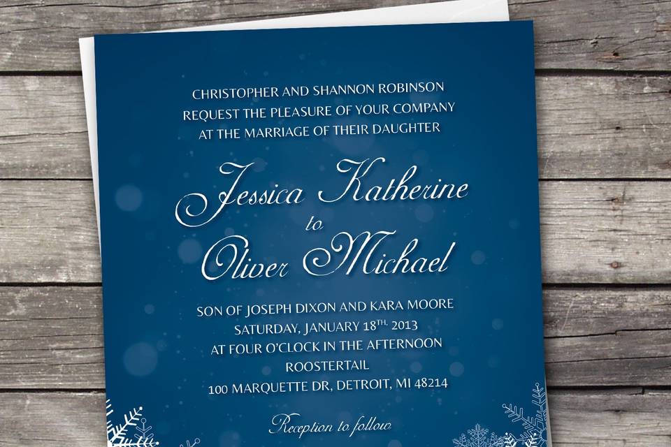 Snowflakes wedding invitation design. Downloadable set includes the invitation, RSVP card, and an information card.  Colors are customizable.
www.etsy.com/shop/TwoDucksDesignStudio