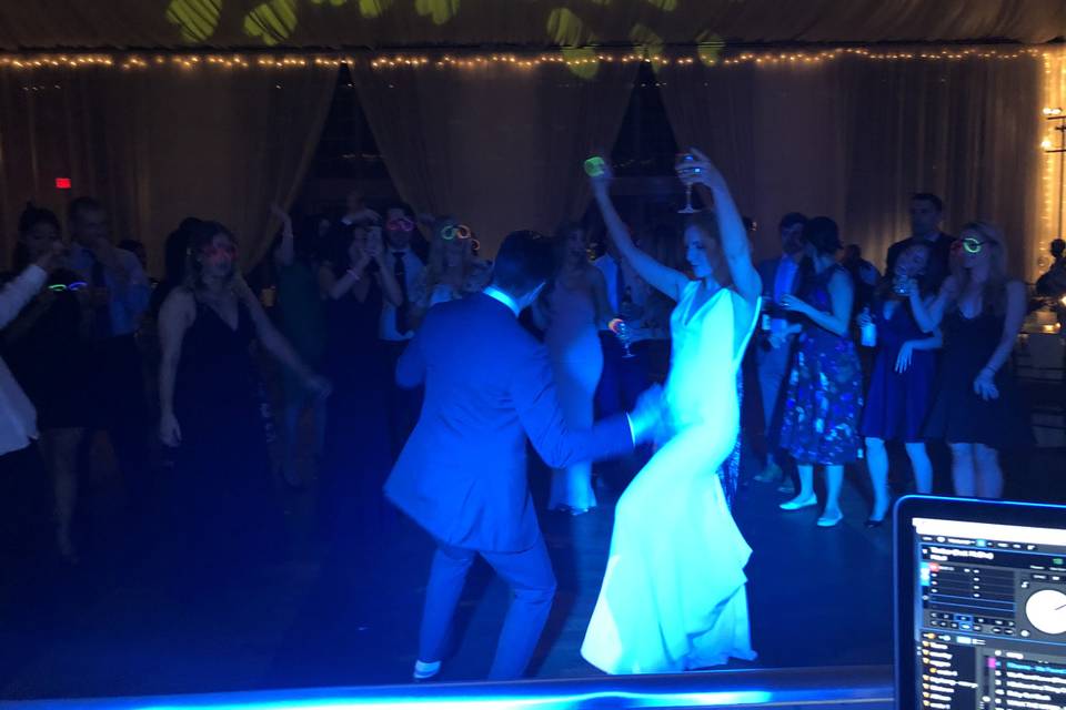 Bride and groom boogie  down