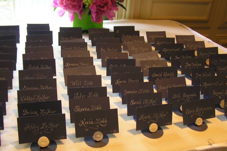 Blue placecards with white ink