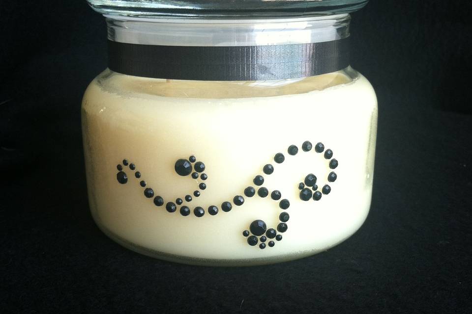Midnight Jasmine - black gems & ribbon decorate this 6 oz candle