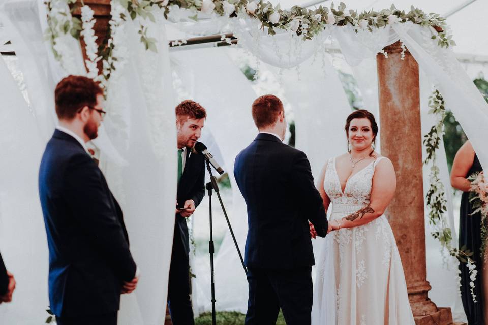 Bride looks directly at camera