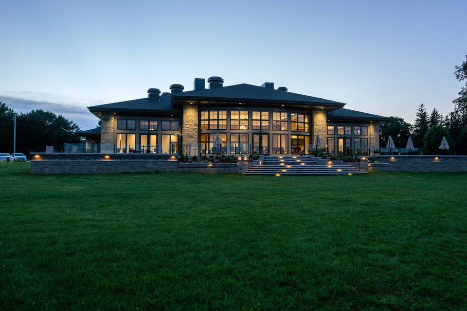 Lakeside exterior at dusk