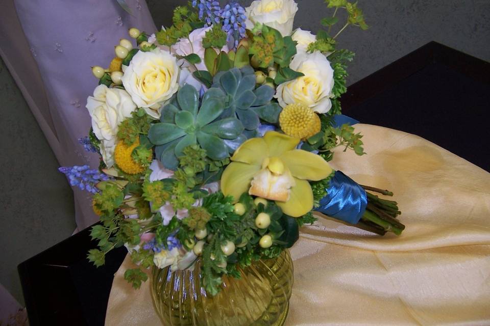 Orchids, Roses, Succulents, Grape Hyacinths, and Hypericum Berries - Hand Tied Bouquet