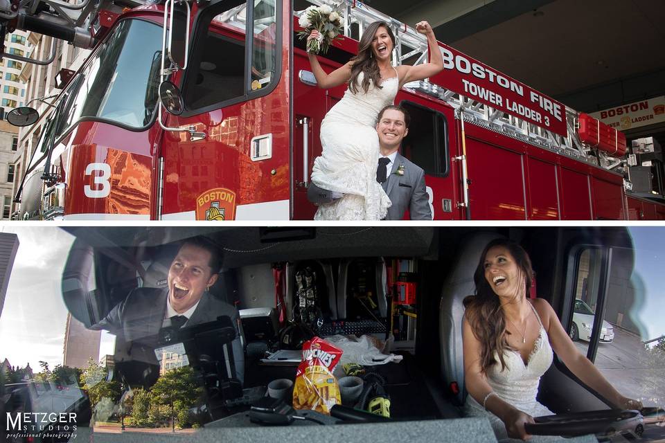 Fire fighter wedding photo