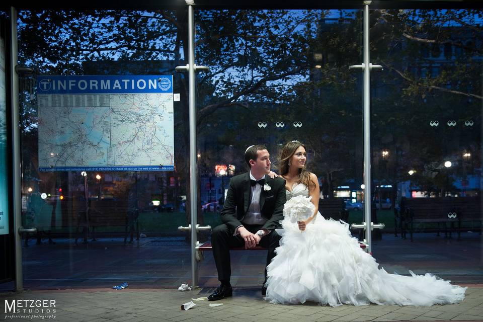 Bus stop wedding picture