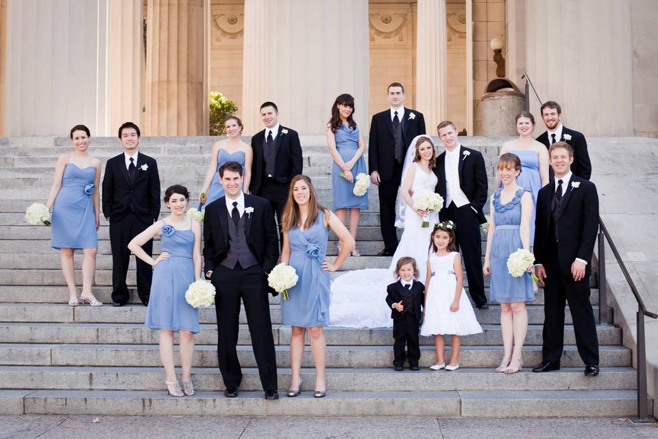 Bridal party on steps of War Memorial