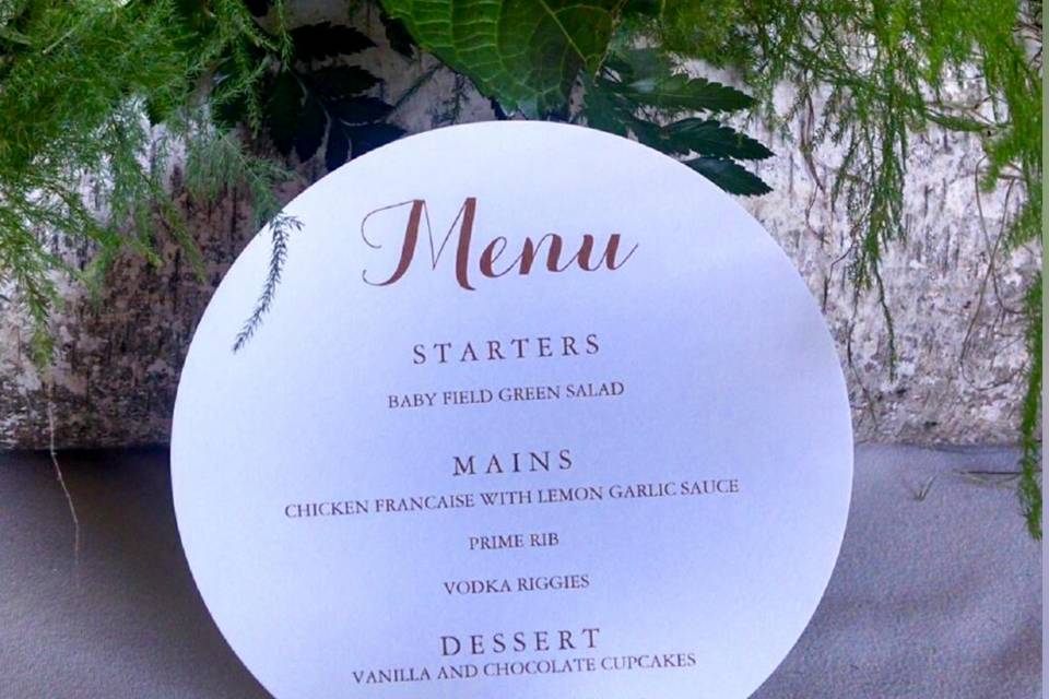 Just one of The Black Stallions menu's created for a special Bride and Groom