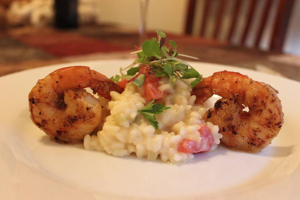 Jumbo Prawns with Heirloom Tomato Rissoto and Micro Greens