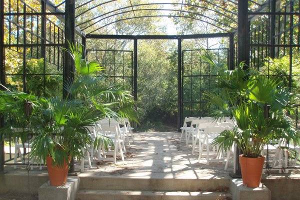 The cabana provides one of a variety of spaces for guests to gather and visit.