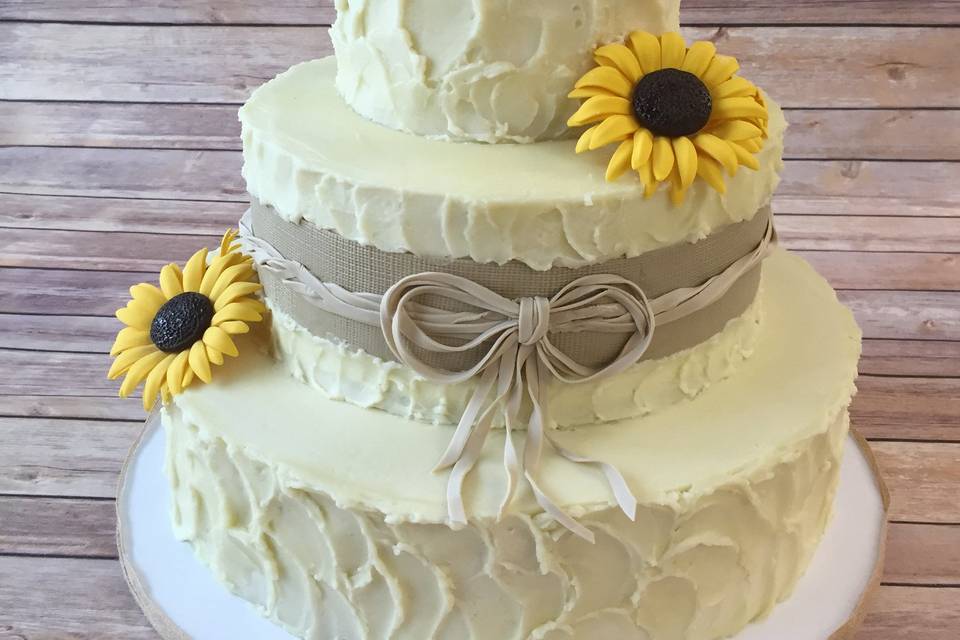 Textured Buttercream, Handmade Sugar Sunflowers & Edible Burlap