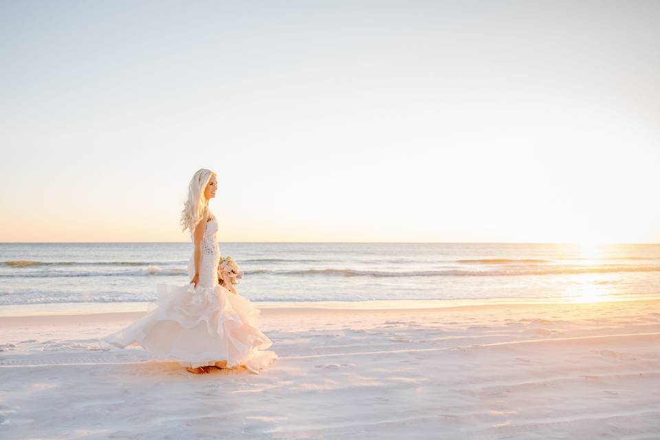 Bride looking towards the sea