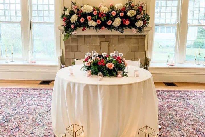 Fireplace and sweetheart table