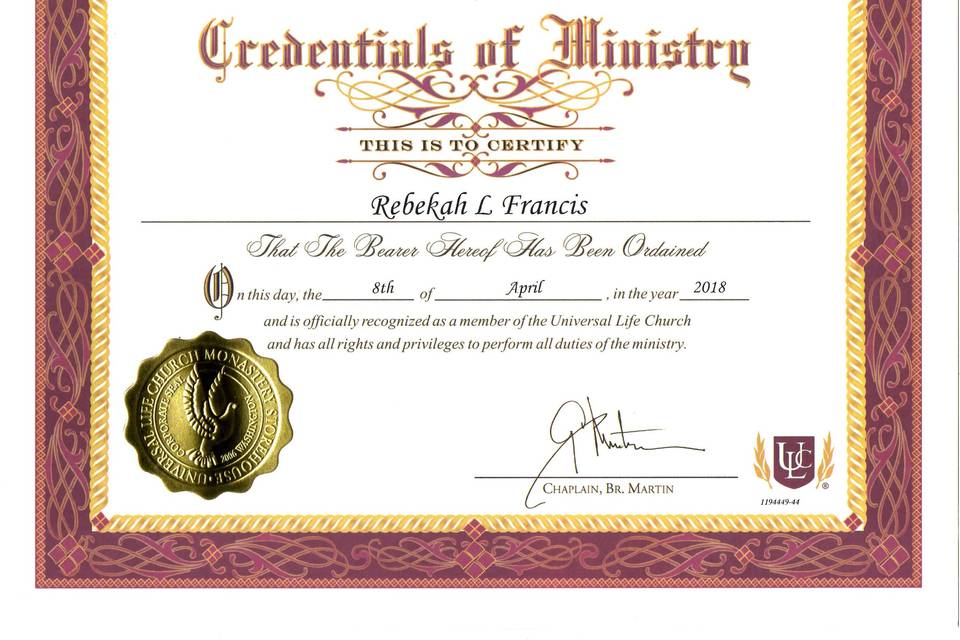 Ministerial Certification