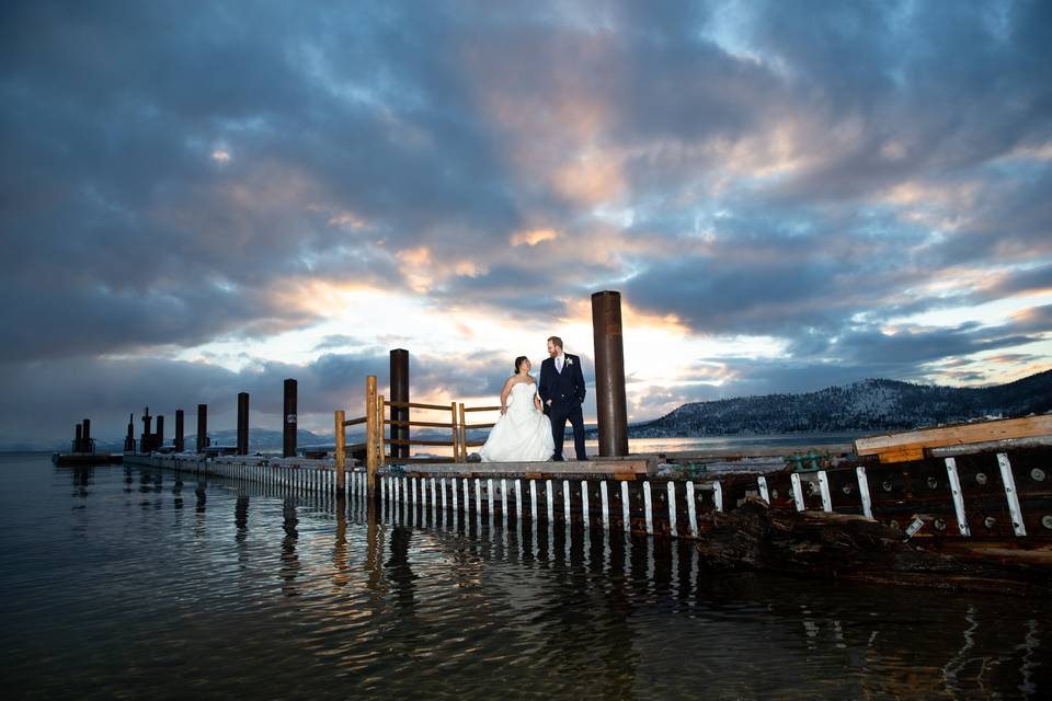 Lake wedding sunset Tahoe