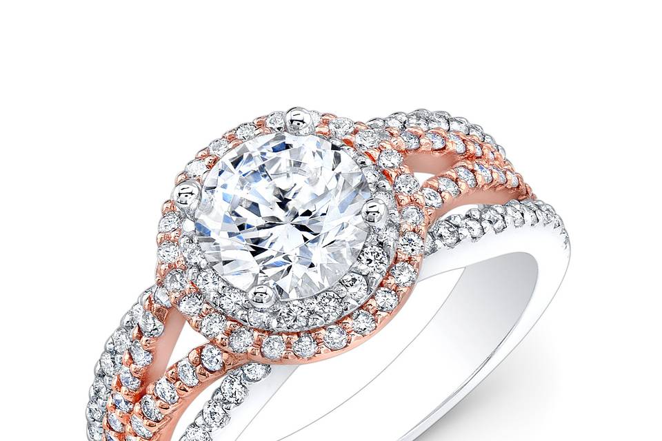 ENG-5600
This 14KT two-toned (White & Rose Gold) engagement ring features a double-halo and split-shank design with 0.77PTS of 122 round diamonds. It may also feature the center stone of your choice!
Call 213.626.6012 or chat with us at www.goldempirejewelry.com to get the best deal for this beautiful piece!