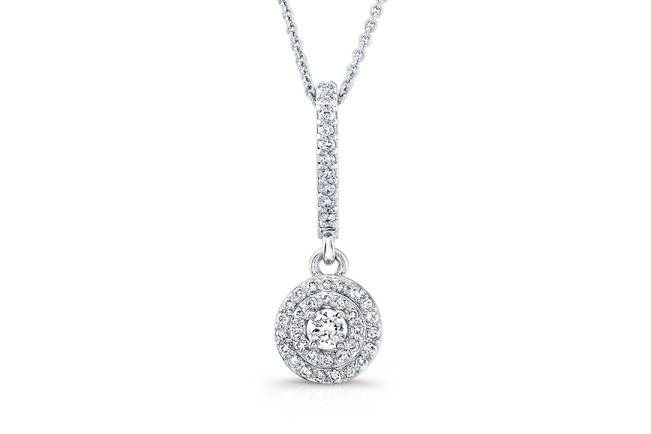 PND-6008 (http://www.goldempirejewelry.com/fashion/pendants/pnd-6008.html)
This 14kt white gold pendant features a double-halo design with 0.17 points of 41 pre-set full-cut round brilliant diamonds surrounding a 0.10 point round brilliant center diamond. It may also feature the center stone of your choice!
