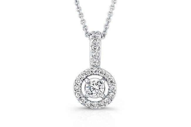 PND-6011 (http://www.goldempirejewelry.com/fashion/pendants/pnd-6011.html)
This 14kt white gold pendant features a 0.16 point round brilliant center diamond and a halo design with 0.12 points of 21 full-cut round brilliant diamonds that are pre-set. It may also feature the center stone of your choice!