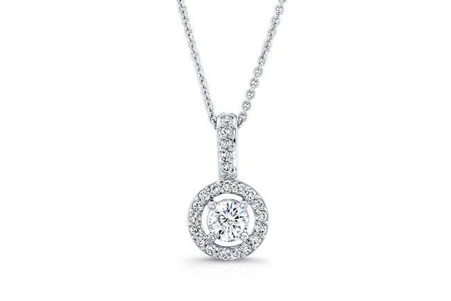 PND-6012 (http://www.goldempirejewelry.com/fashion/pendants/pnd-6012.html)
This 14kt white gold pendant features a 0.25 point round brilliant center diamond and a halo design with 0.13 points of 22 full-cut round brilliant diamonds that are pre-set. It may also feature the chain of your choice!