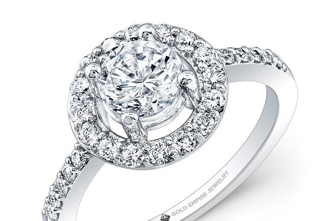 ENG-1036
This 14kt white gold engagement ring features a halo design with 0.40 points of 26 full-cut round brilliant diamonds. It may also feature the center stone of your choice!
Call 213.626.6012 or chat with us at www.goldempirejewelry.com to get the best deal for this beautiful piece!