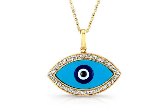 PND-6019
This 14kt yellow gold evil eye pendant features 34 round diamonds that weigh approximately 0.17 points in total.
Call 213.626.6012 or chat with us at www.goldempirejewelry.com to get the best deal for this beautiful piece!