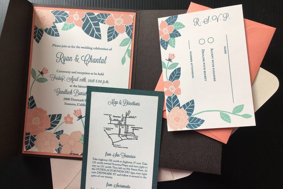 Invitation suite with RSVP, map and directions, and RSVP envelope
