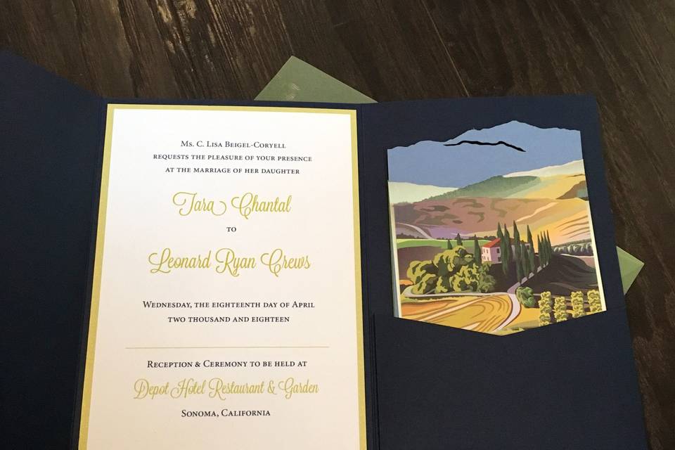 Pocket invitation suite with custom laser inserts