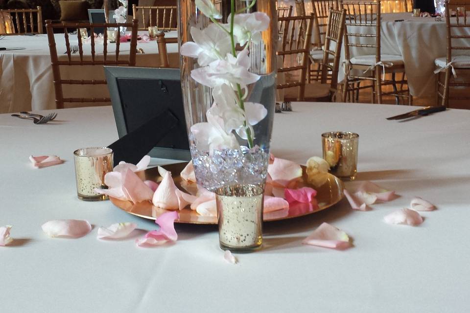 Dendrobium orchid suspended in water with a votive candle floating above