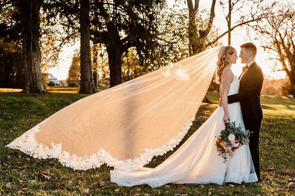 Bride and groom at sunset